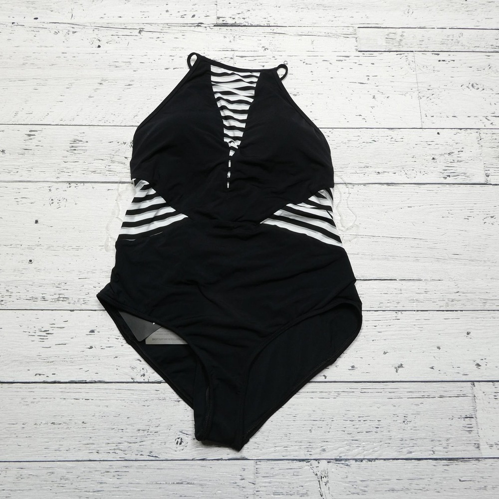 Jets by Jessika Allen Swimsuit Womens 12 Black‎ White High Neck One Piece J10333